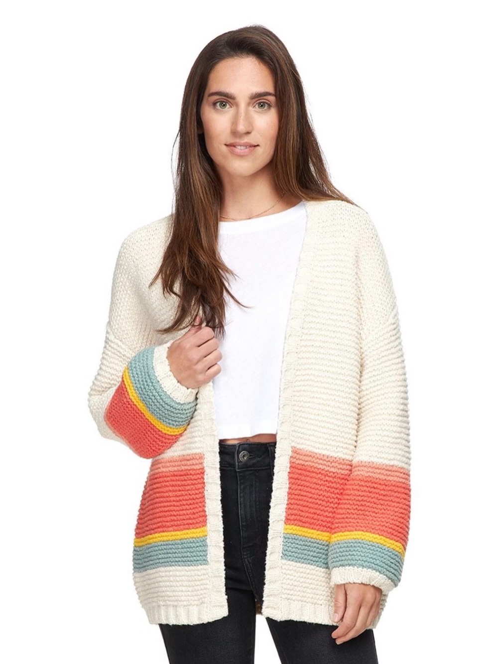 Marine Layer Karolina Cream Open-Front Stripe Detail Cardigan Sweater